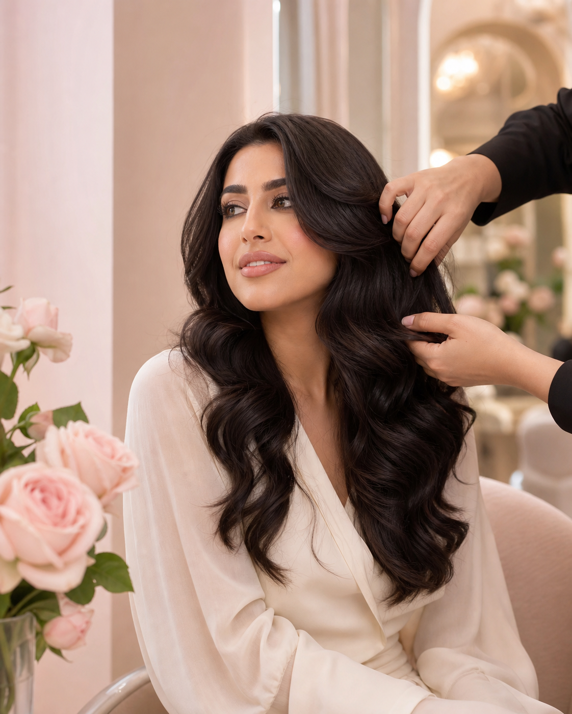 A Middle Eastern client having her glossy waves finished by a stylist